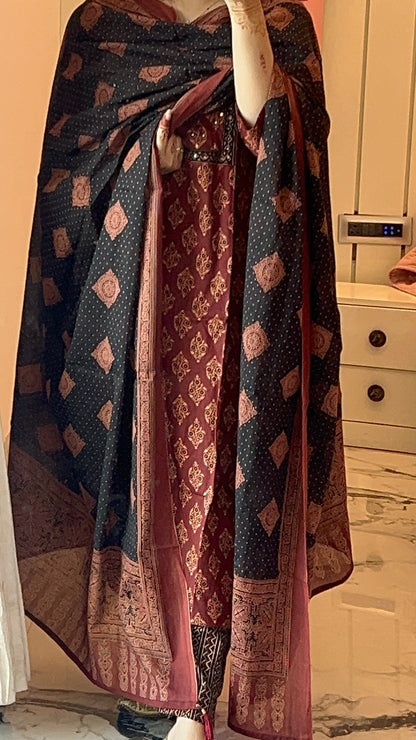 Pure Premium Block Print Maroon kurta set with Dupatta (38 to 52)