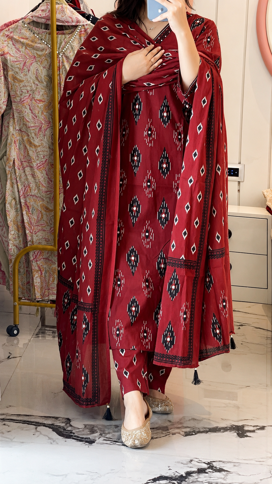 Women’s Maroon Diamond Print Cotton kurta set with Dupatta (38 to 52)