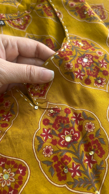 Women’s Block Print Mustard Yellow Cotton Kurta Set with Dupatta (38 to 46)