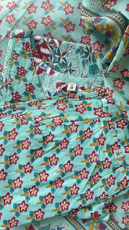 Women’s Floral Blue A Line Cotton Kurta Set with Dupatta (38 to 52)