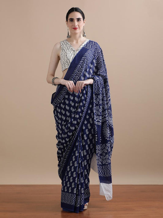 Hand Block Royal Blue Cotton Saree