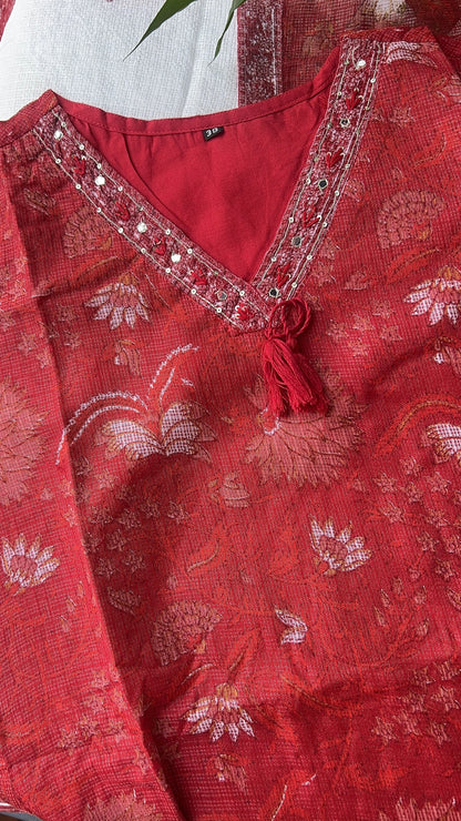 Women’s Red Kota Dori kurta with Cotton Pant and Dupatta (38 to 46)
