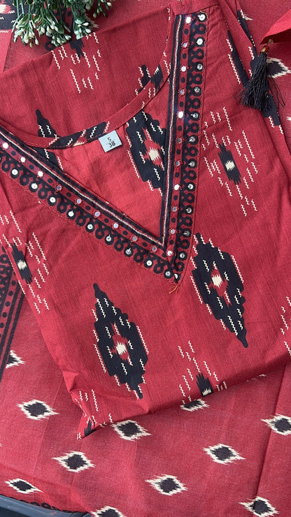 Women’s Maroon Diamond Print Cotton kurta set with Dupatta (38 to 52)