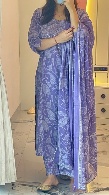 Pure Premium Lavender Cotton kurta Set with Dupatta (38 to 52)