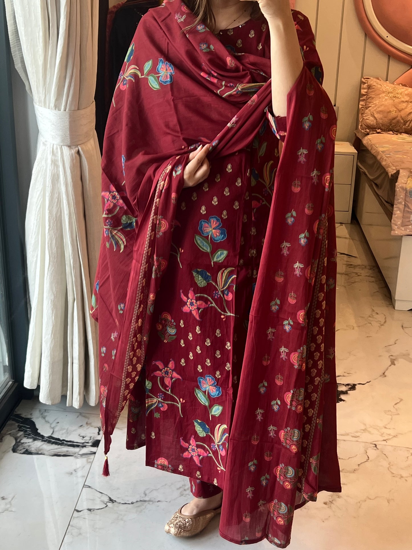 Women Maroon Aline Cotton kurta  Set with Dupatta (38 to 52)