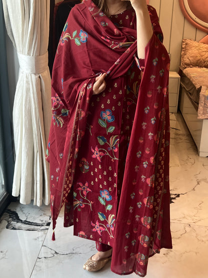 Women Maroon Aline Cotton kurta  Set with Dupatta (38 to 52)