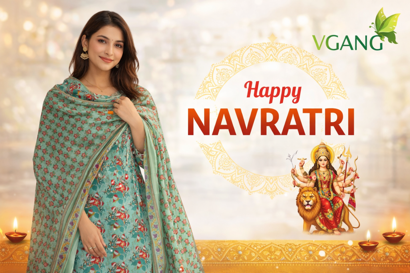 Woman in traditional attire with 'Happy Navratri' text and VGANG logo.