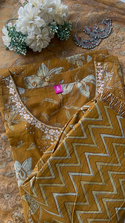 Women’s Dark Mustard Cotton Kurta Set with Kota Dori Dupatta (38to46) | VGANG