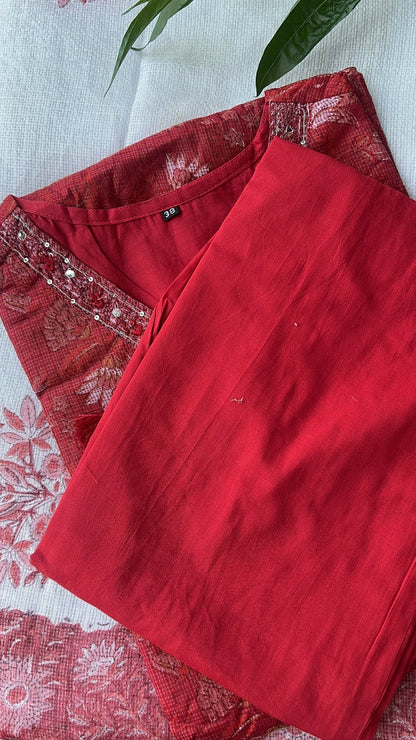 Women’s Red Kota Dori kurta with Cotton Pant and Dupatta (38 to 46)