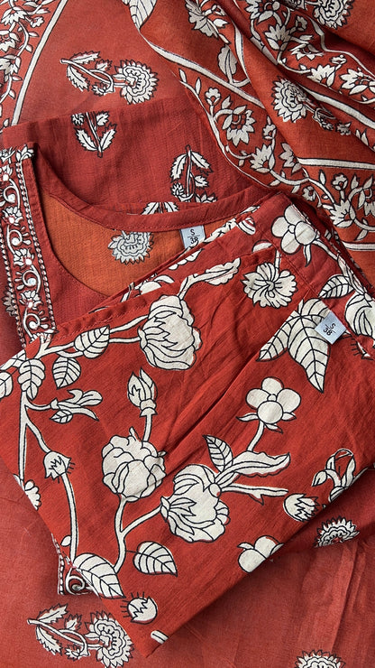 Women’s Rust Cotton Butti Print Cotton Kurta Set with Dupatta (38 to 52)| VGANG