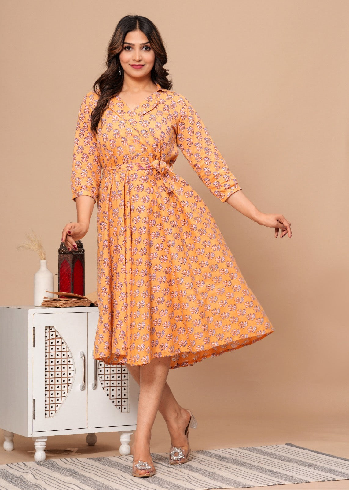 Peach Block Print Dress