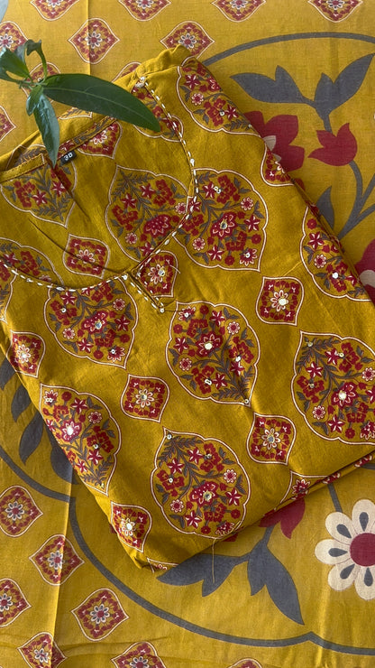 Women’s Block Print Mustard Yellow Cotton Kurta Set with Dupatta (38 to 46)