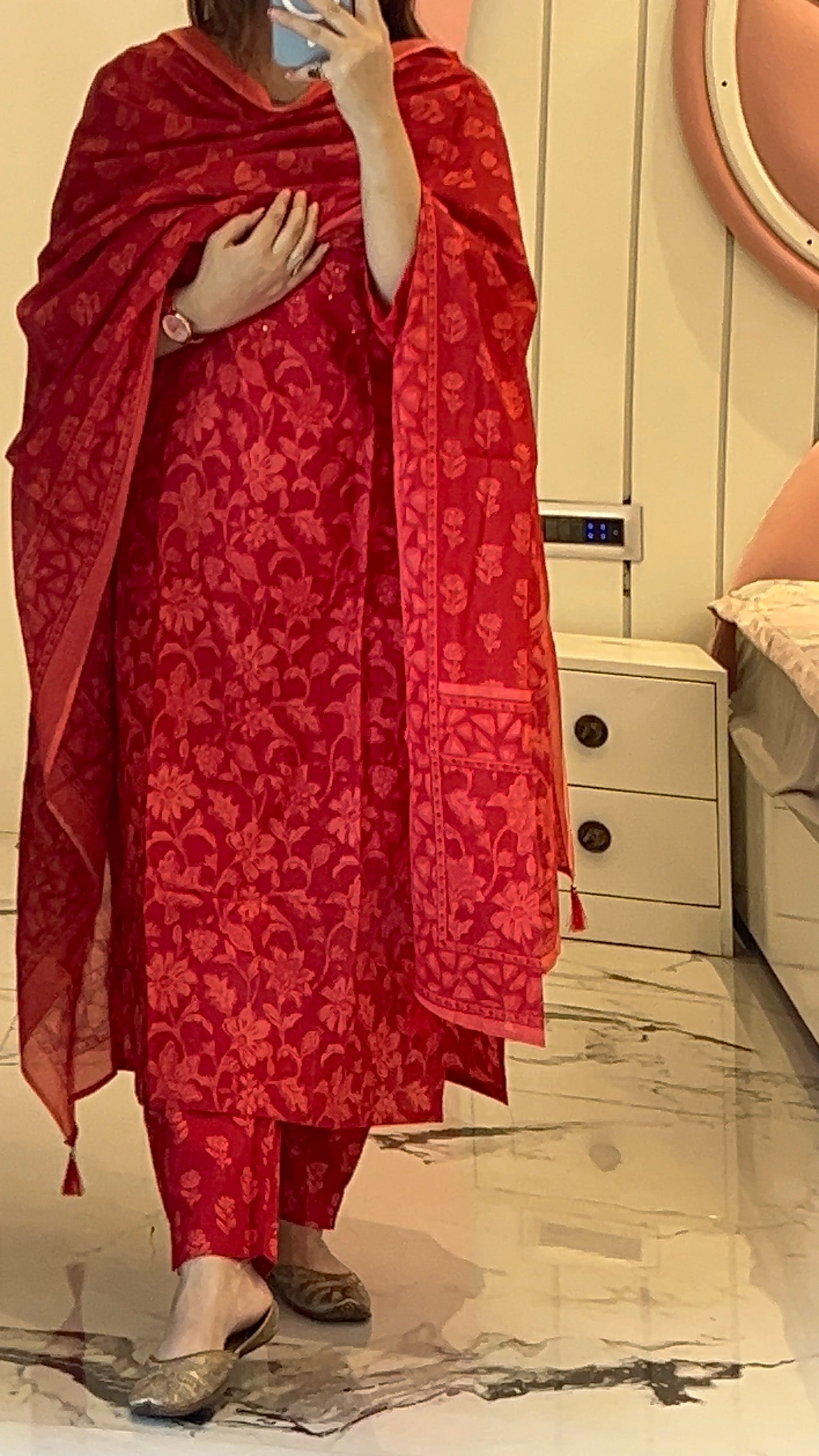 Floral Print Red Cotton Kurta Set with Dupatta (38 to 52)