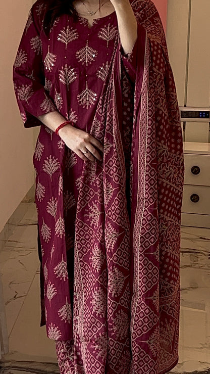 Pure Premium Maroon Straight Cotton Kurta Set with Dupatta (38 to 52)