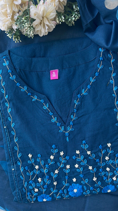Women’s Blue Embroidered Cotton Kurta Set with Dupatta (38 to 46 ) | VGANG