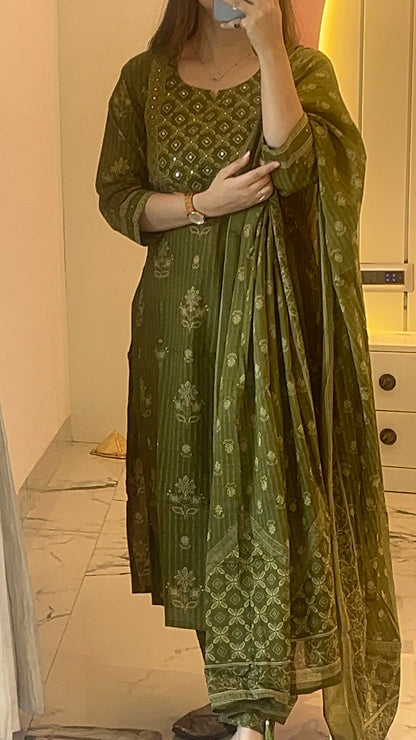 Women’s Olive Green Block Print Cotton Kurta Set with Dupatta (38 to 52)