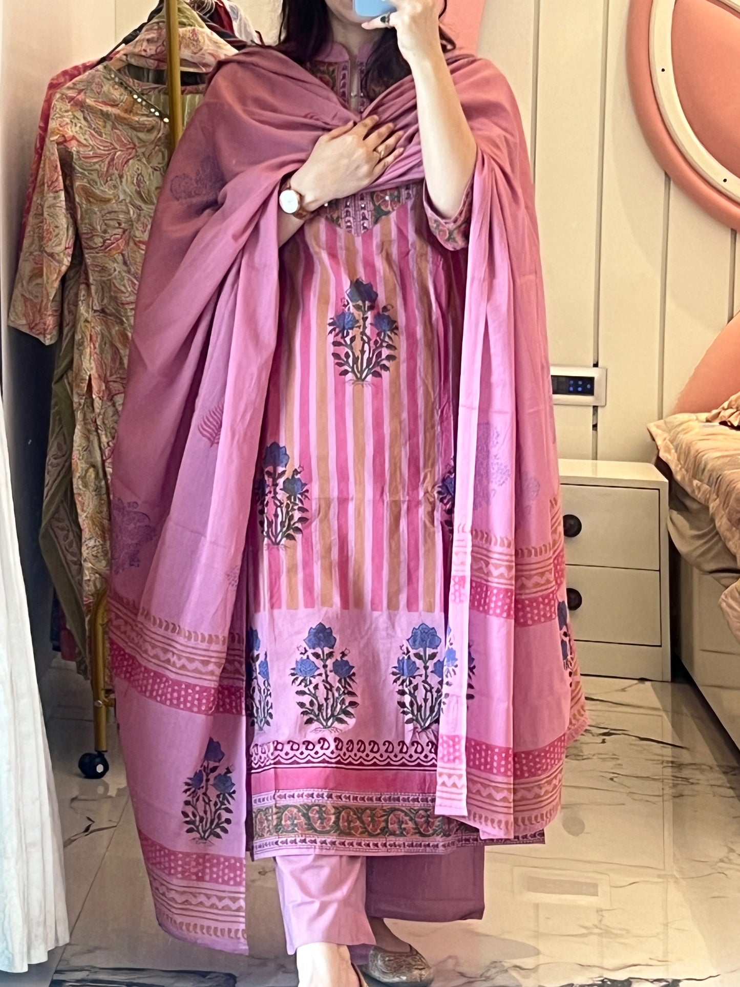 Women’s Pink Stripe Print Pure Cotton Kurta set with Dupatta(38 to 46)