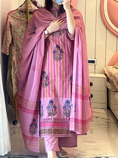 Women’s Pink Stripe Print Pure Cotton Kurta set with Dupatta(38 to 46)