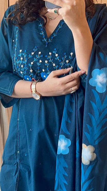 Women’s Blue Embroidered Cotton Kurta Set with Dupatta (38 to 46 ) | VGANG
