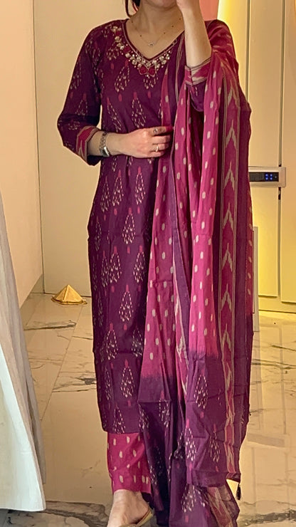 Pure Premium Wine Cotton Kurta Set with Dupatta (38 to 52)