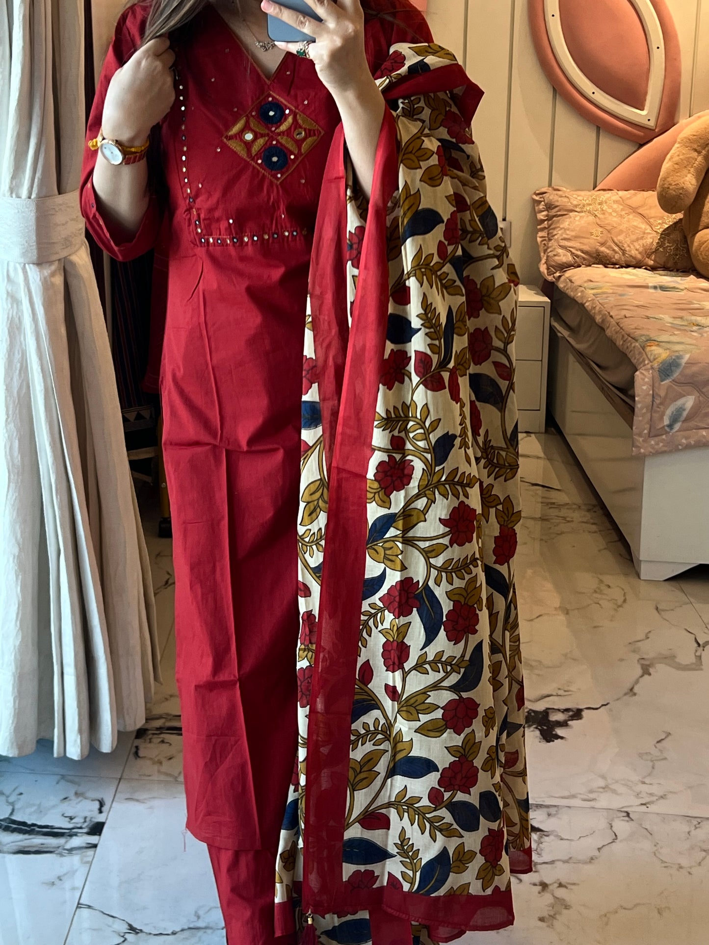 Vgang Red Slub Cotton kurta Set with Dupatta(38 to 56)