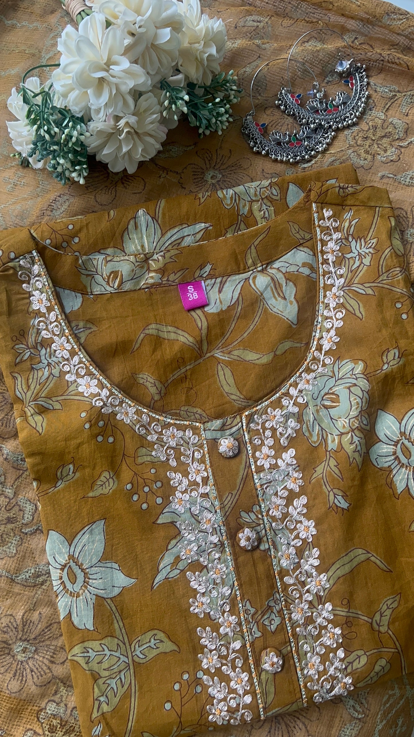 Women’s Dark Mustard Cotton Kurta Set with Kota Dori Dupatta (38to46) | VGANG