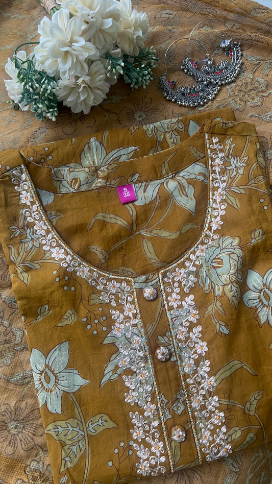 Women’s Dark Mustard Cotton Kurta Set with Kota Dori Dupatta (38to46) | VGANG