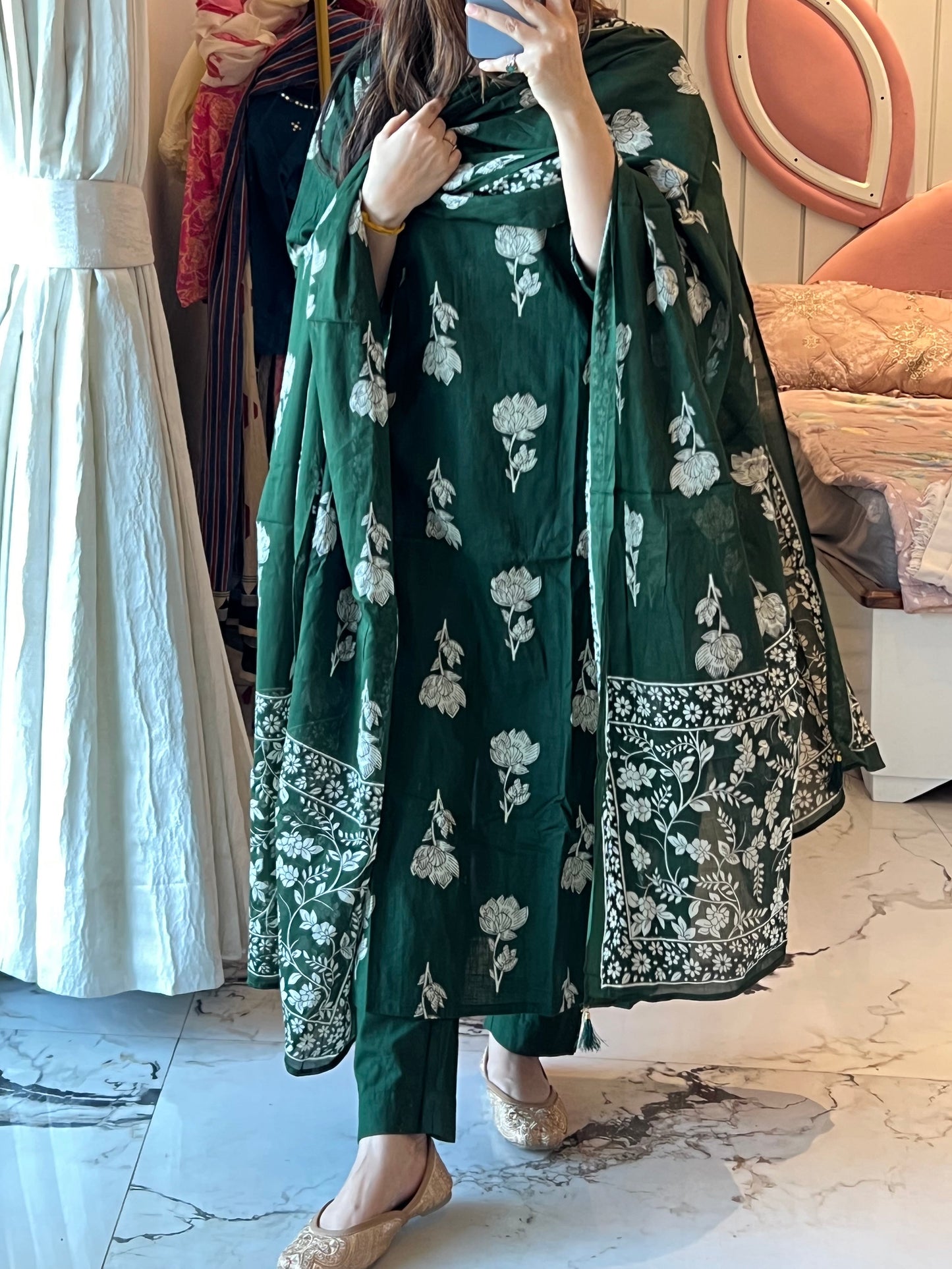 VGANG Bottle Green Aline Cotton kurta set with Dupatta(38 to 52)