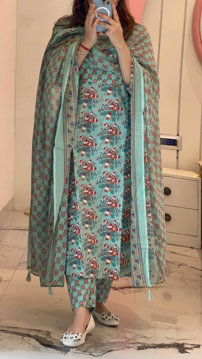 Women’s Floral Blue A Line Cotton Kurta Set with Dupatta (38 to 52)