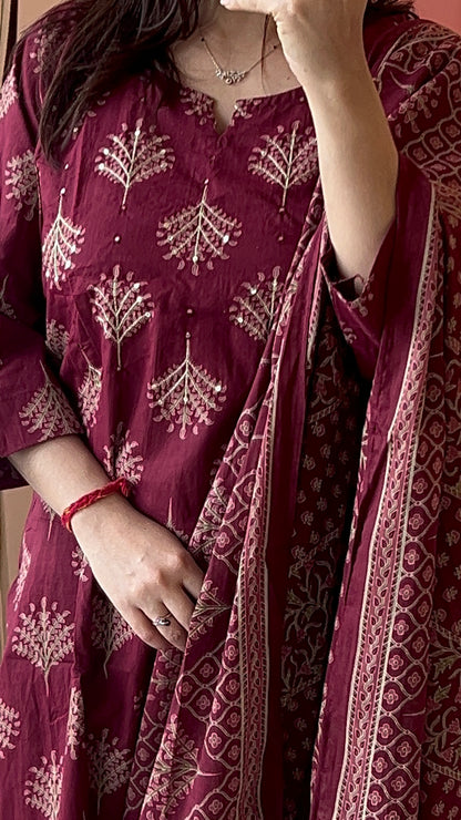 Pure Premium Maroon Straight Cotton Kurta Set with Dupatta (38 to 52)