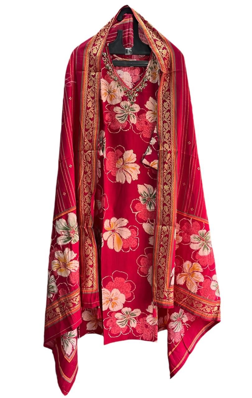 Pure Premium Red Modal Chanderi Kurta set with Dupatta (38 to 52)