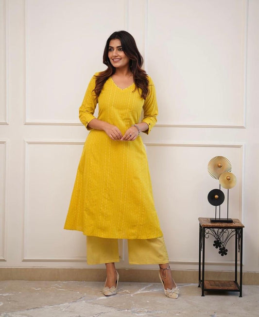 Yellow kurta with pant with V Neck