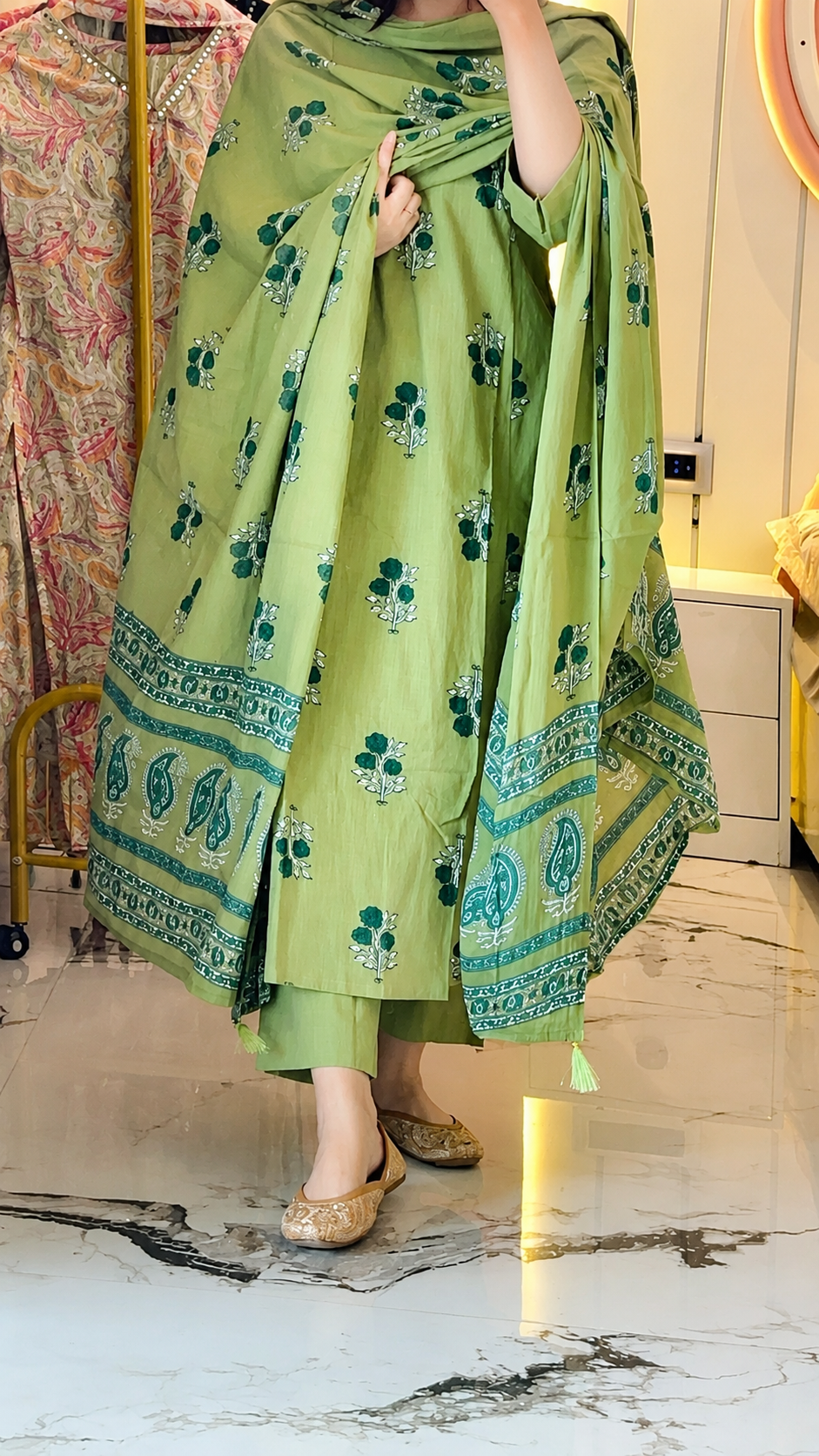 Women’s Pista Green Aline Cotton kurta set with Dupatta (38 to 52)
