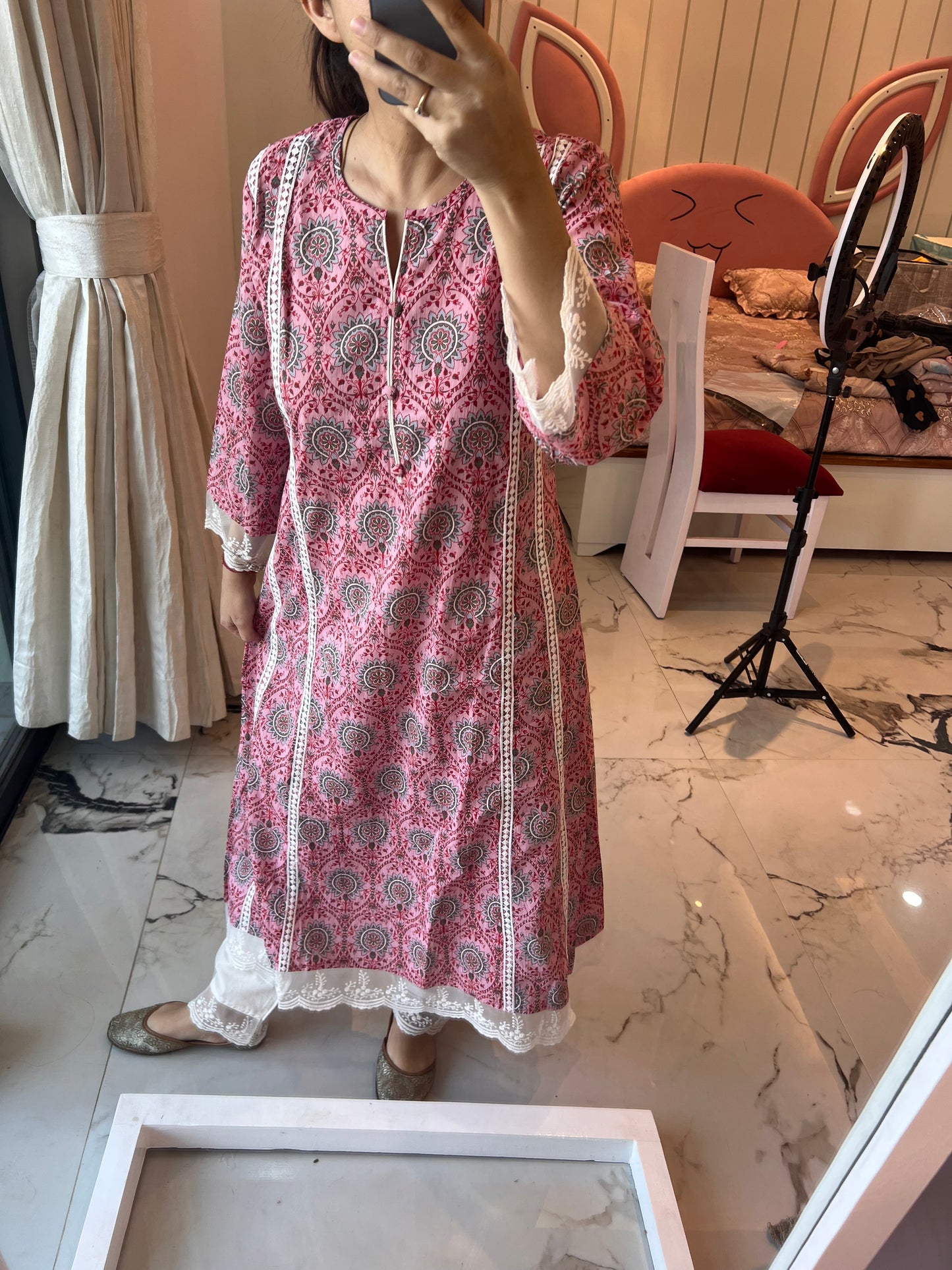 Pink A line Block Print kurta set