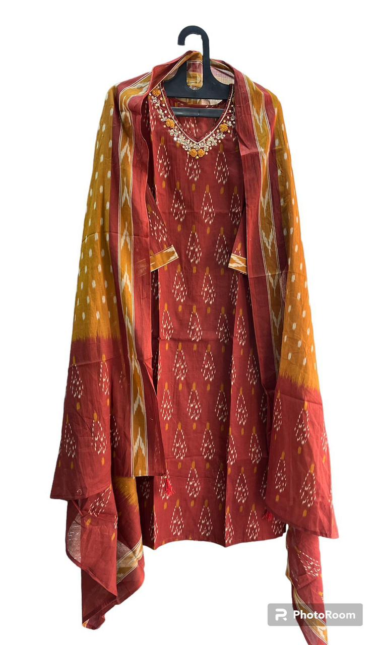 Pure Premium Cotton Rust Kurta set with Dupatta