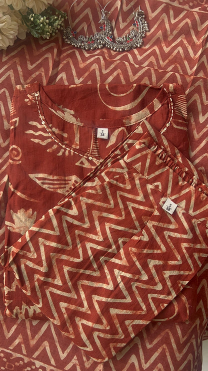 Vgang Rust cotton Kurta Set with Dupatta (38 to 52)