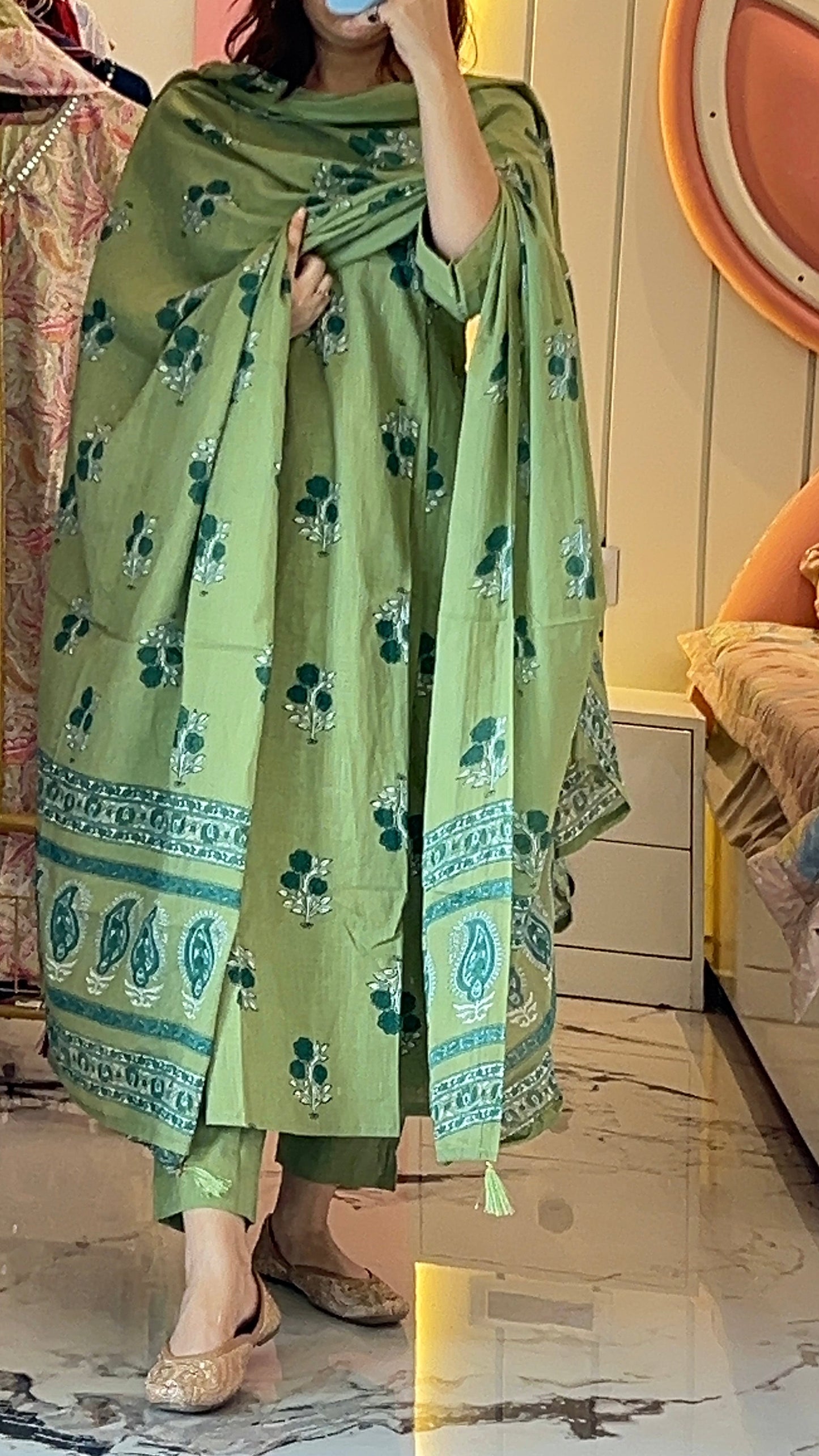Women’s Pista Green Aline Cotton kurta set with Dupatta (38 to 52)
