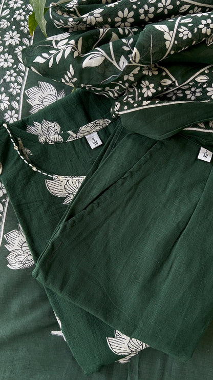 VGANG Bottle Green Aline Cotton kurta set with Dupatta(38 to 52)