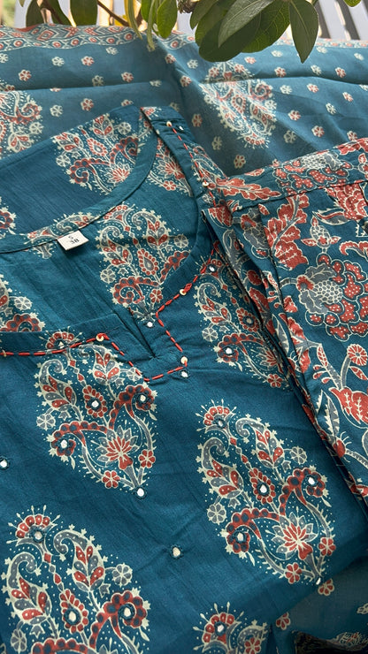 Pure Premium teal Blue Cotton kurta set with dupatta (38 to 52)
