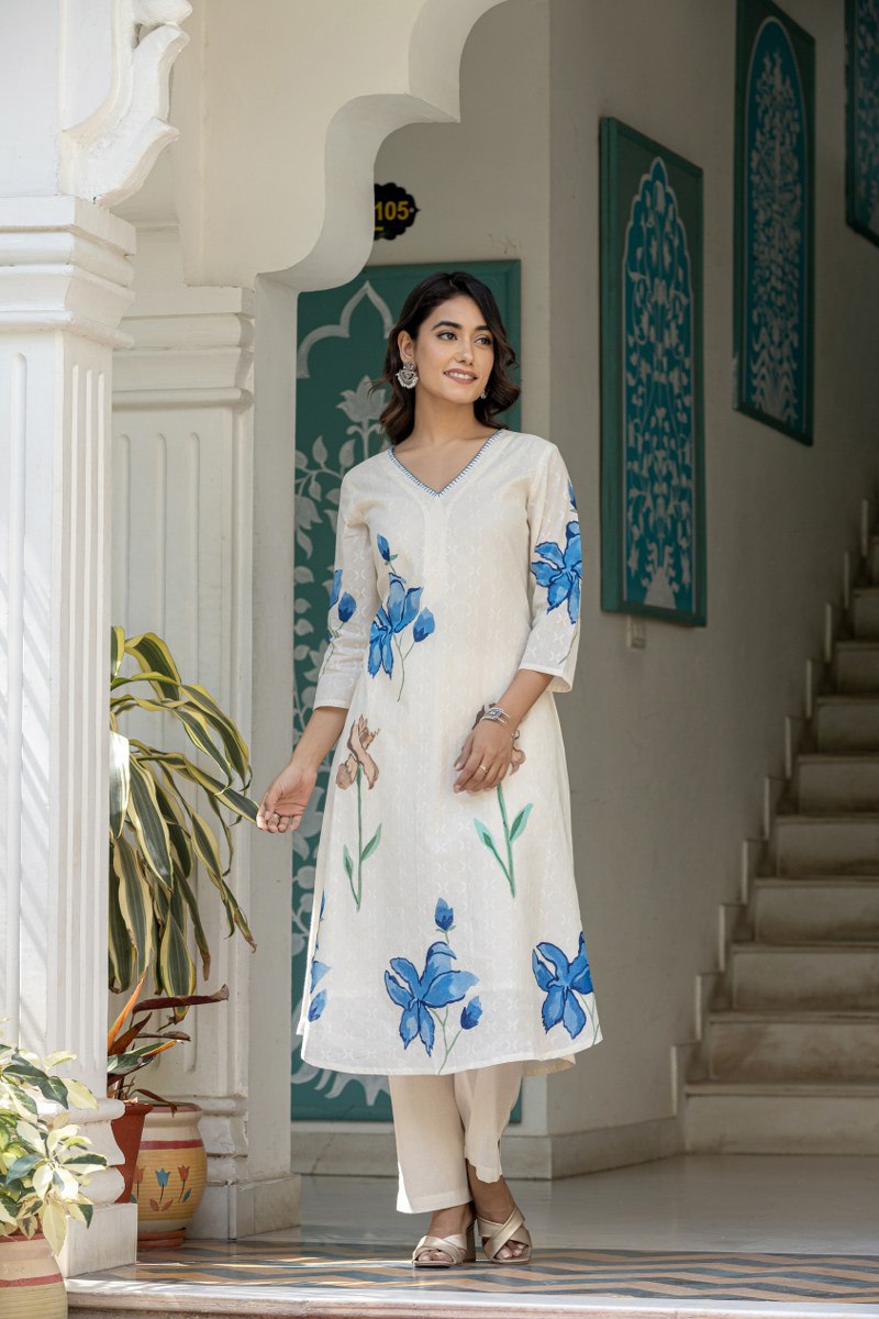 Off white Cotton Dobby kurta set