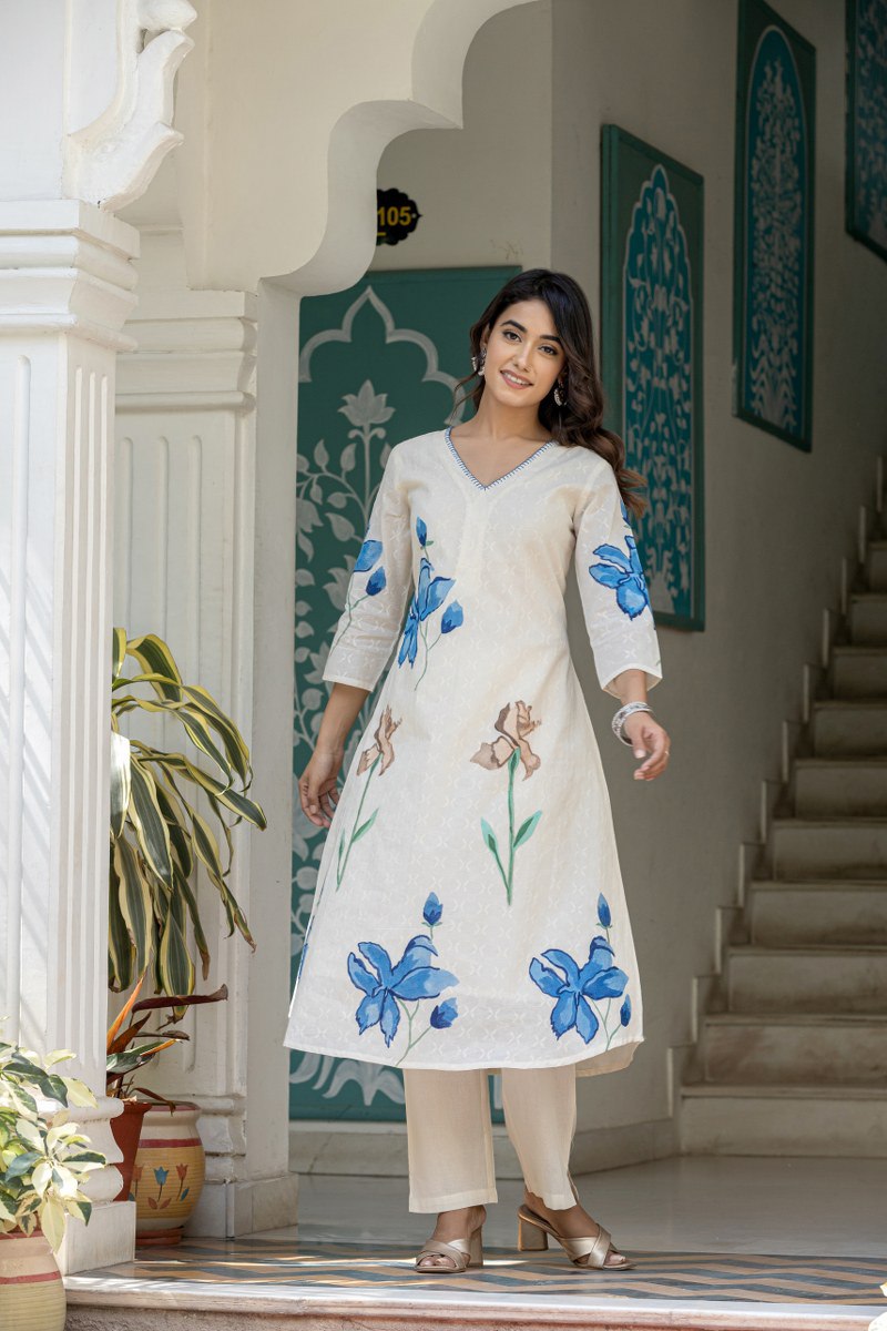 Off white Cotton Dobby kurta set