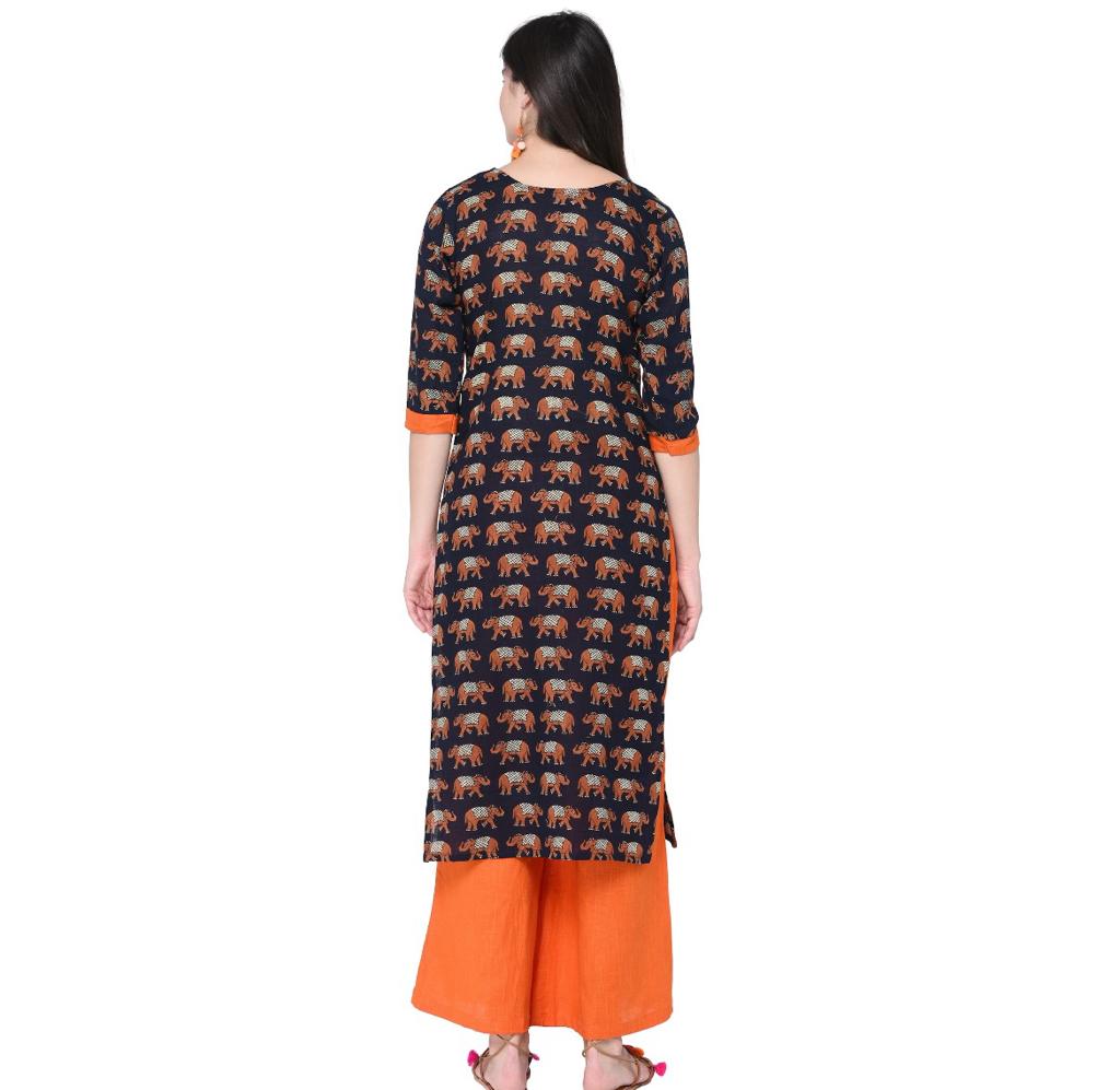 Navy blue elephant print kurta