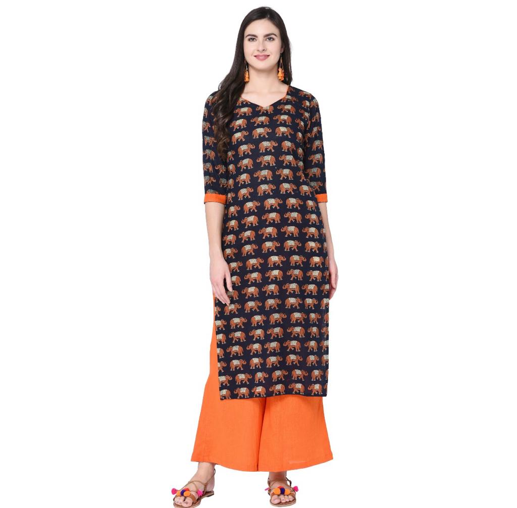 Navy blue elephant print kurta