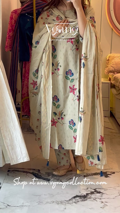 VGANG Beige Aline Cotton Kurta set with Dupatta (38 to 45)